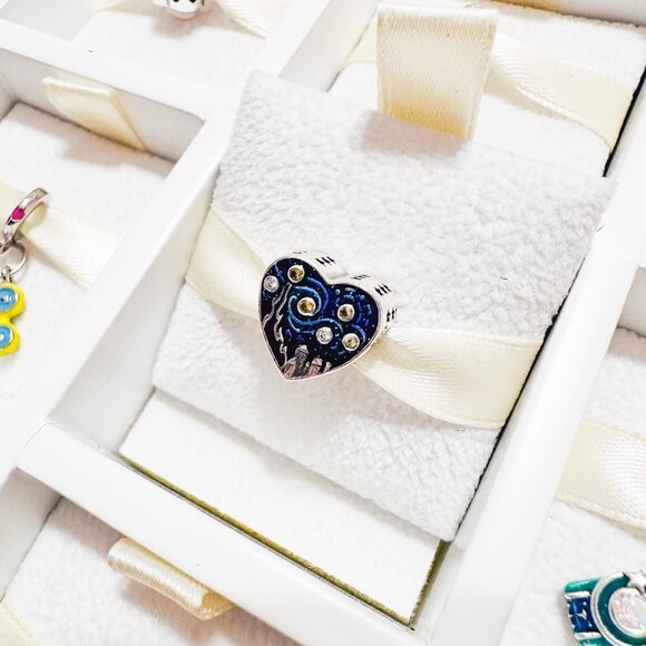 925 Sterling Silver Van Gogh Starry Night Heart Charm Fits Charm Bracelets - Picture 7 of 8